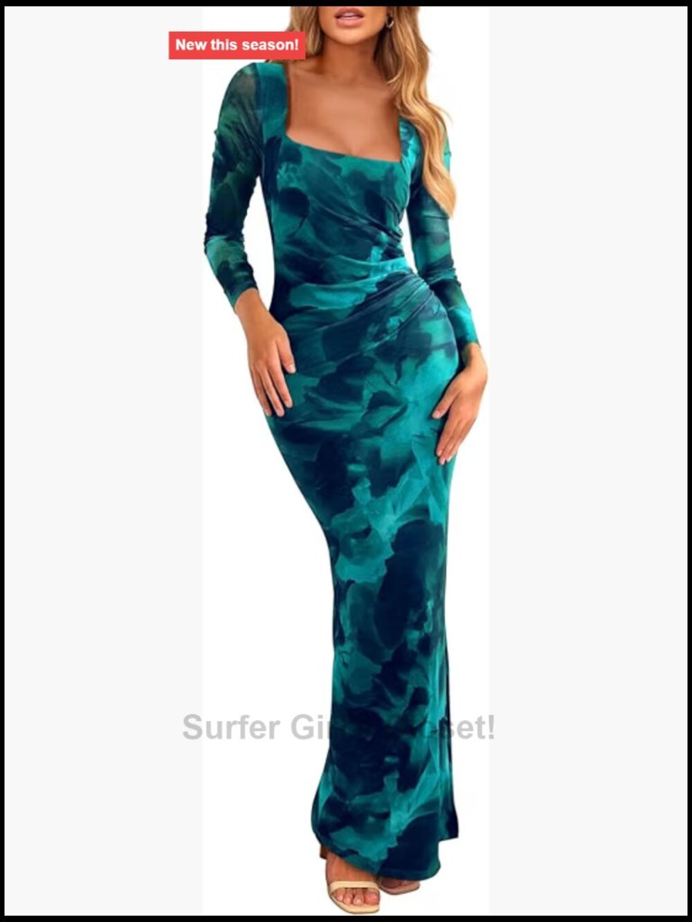 Women's Square Neck Maxi Dress Ruched Long Sleeve Mesh Bodycon Cocktail